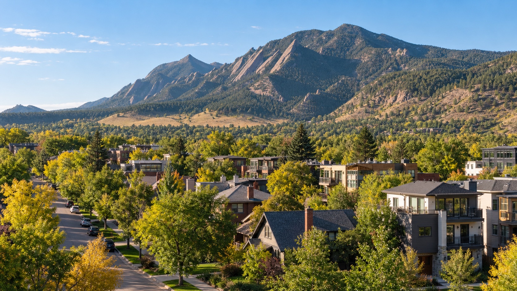 Boulder Colorado homes and low-rise apartments below the Flatirons on a clear autumn morning