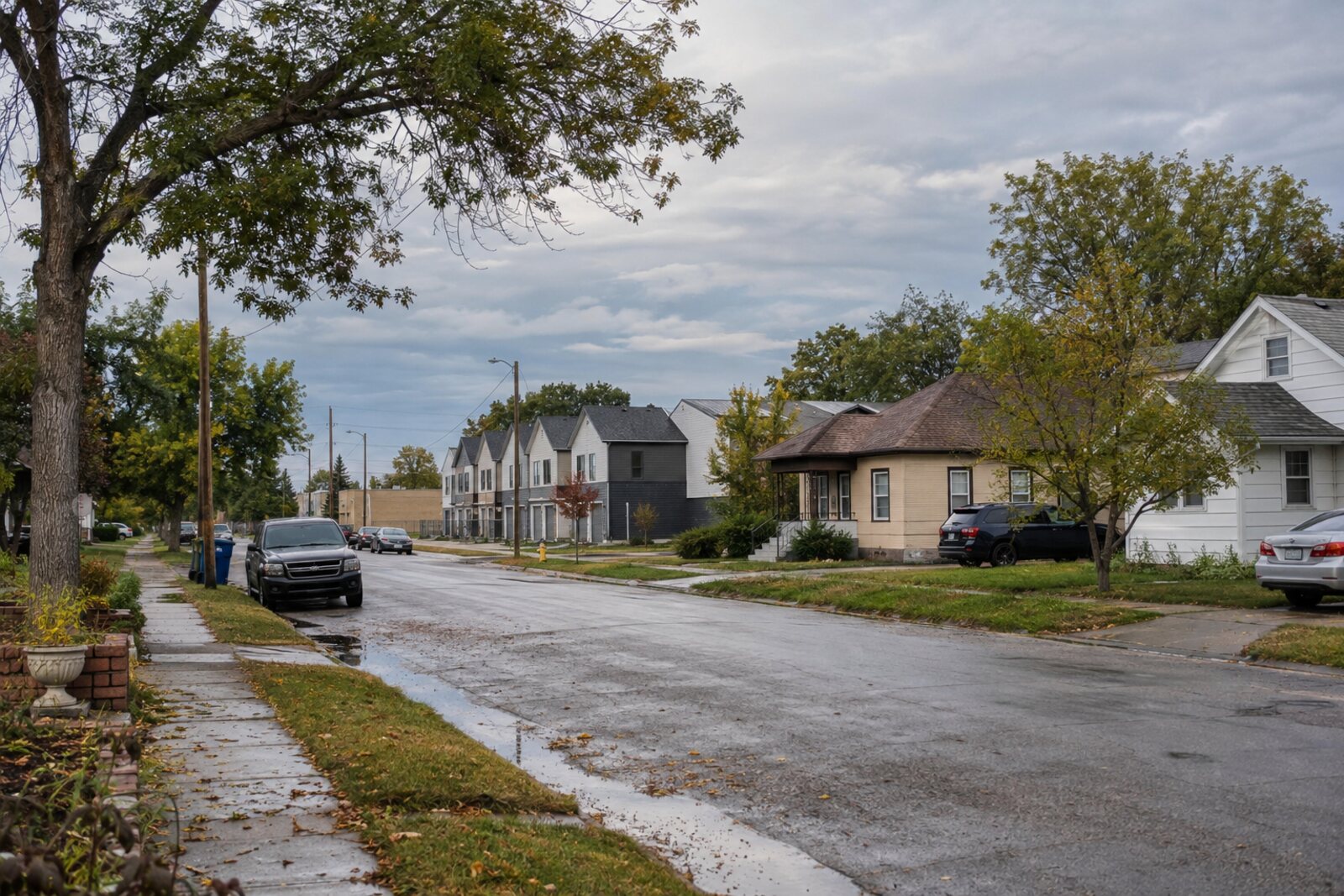 Ordinary Kearney Nebraska residential street with older homes and newer townhouses after rain