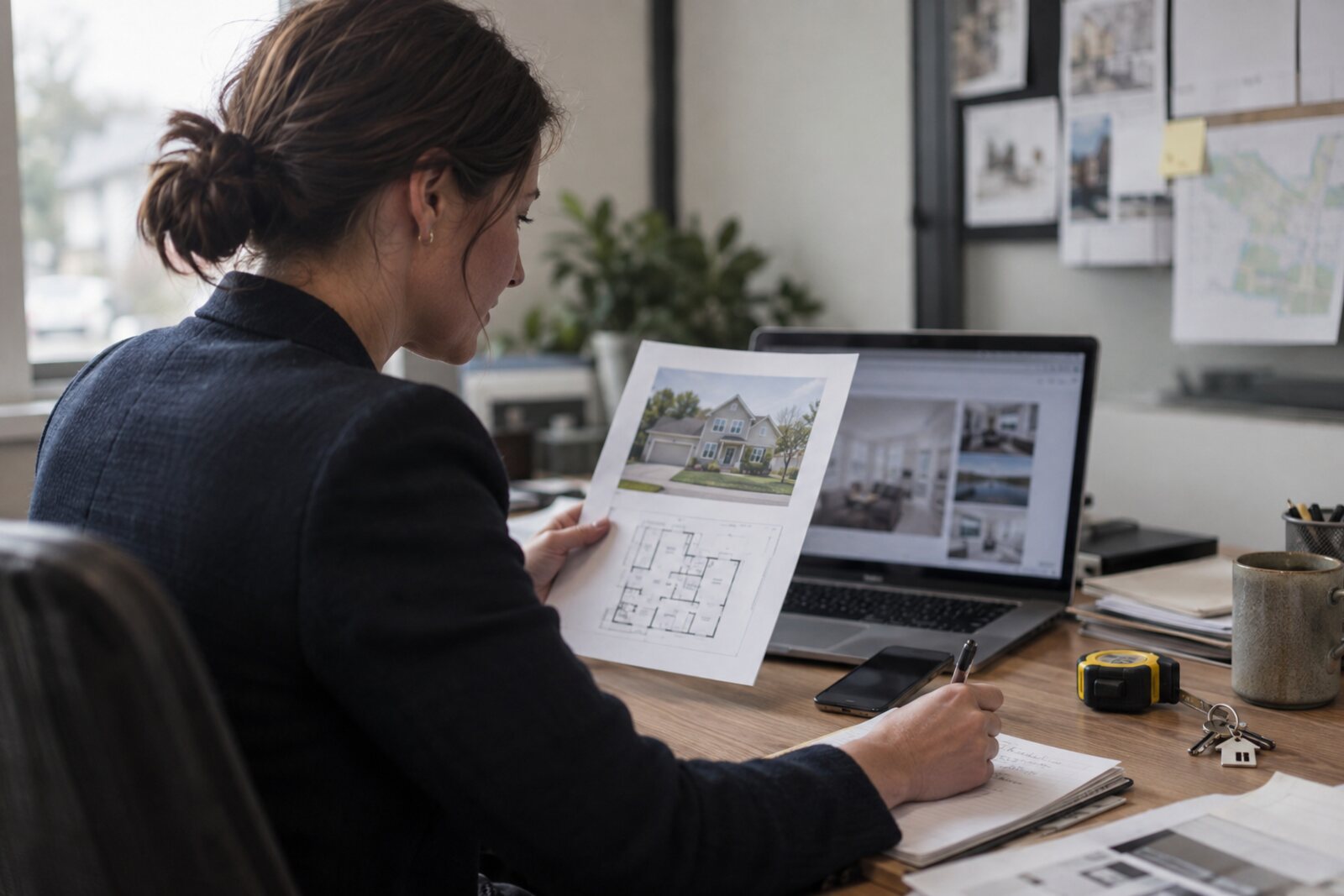 Real estate professional reviewing a property listing and floor plan in an everyday office