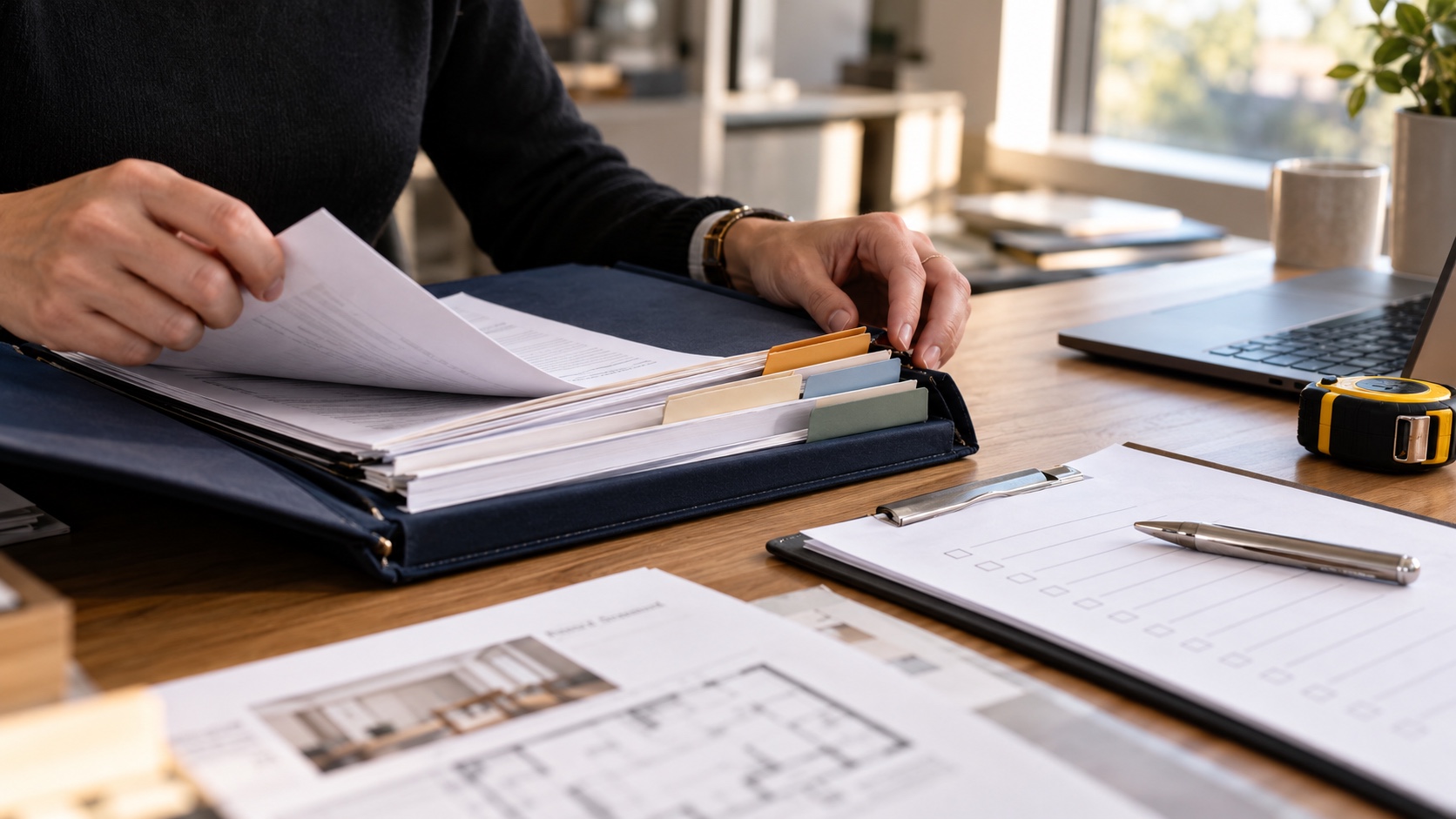 Real estate professional organizing transaction documents into a five-section navy deal folio