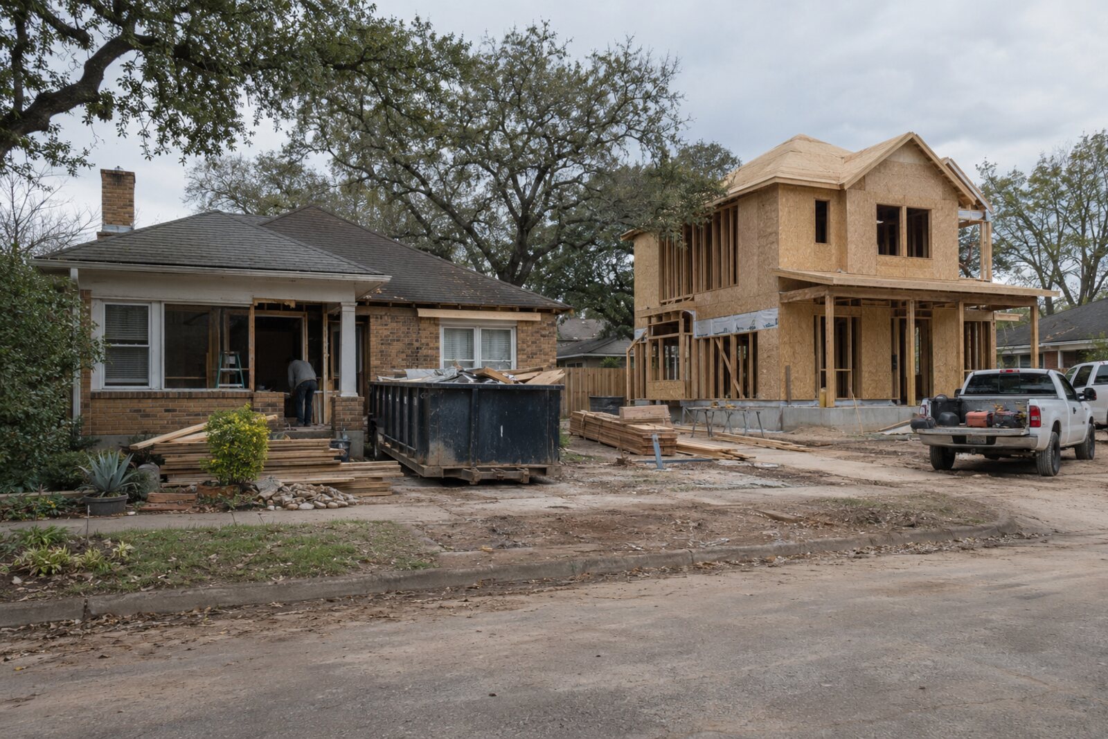 Older Texas brick home under rehabilitation beside a new wood-framed house under construction